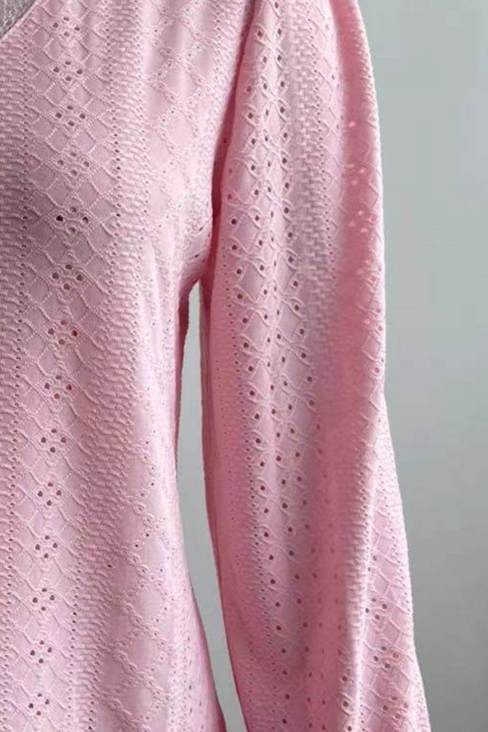 Trendy Eyelet V-Neck Blouse with Flounce Sleeves - Opaque, Highly Stretchy, Lined - 100% Polyester - Store 42