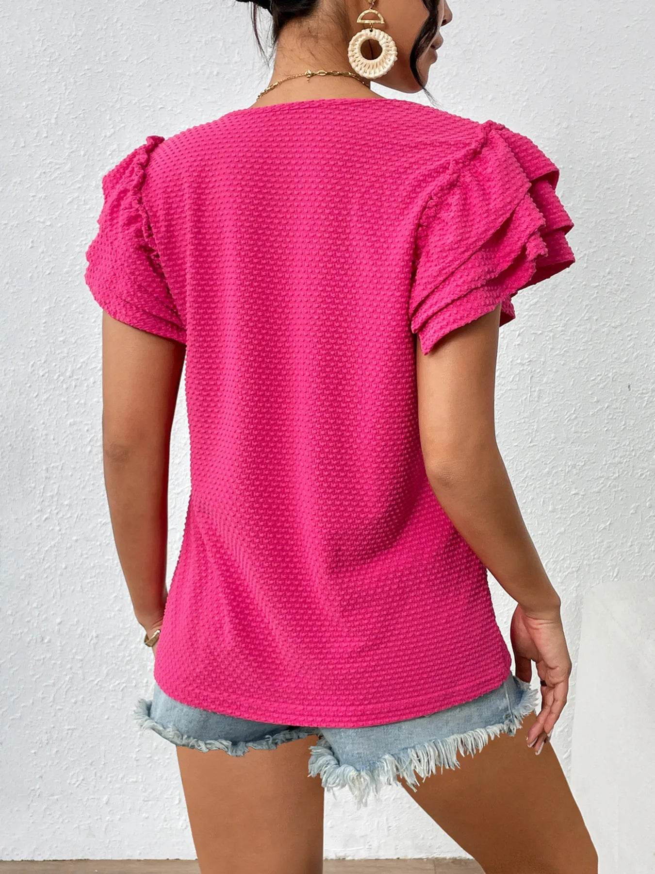 Stylish Round Neck Ruffle Sleeve T-Shirt in Waffle Knit - Slightly Stretchy Polyester Top