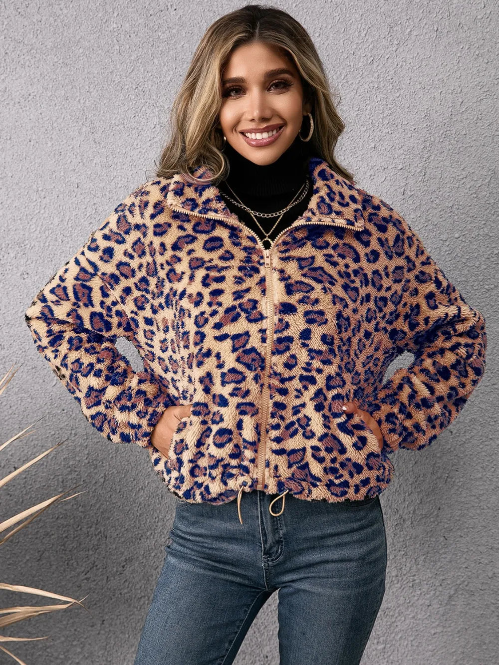 Trendsi Ivy Lane Leopard Print Zip Up Jacket with Drawstring Hood – 100% Polyester