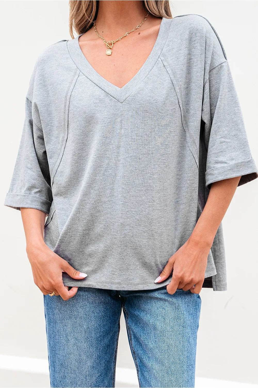 Trendy High Raglan V Neck Oversized T Shirt - Half Sleeve, Stretchy Fabric, Casual Chic