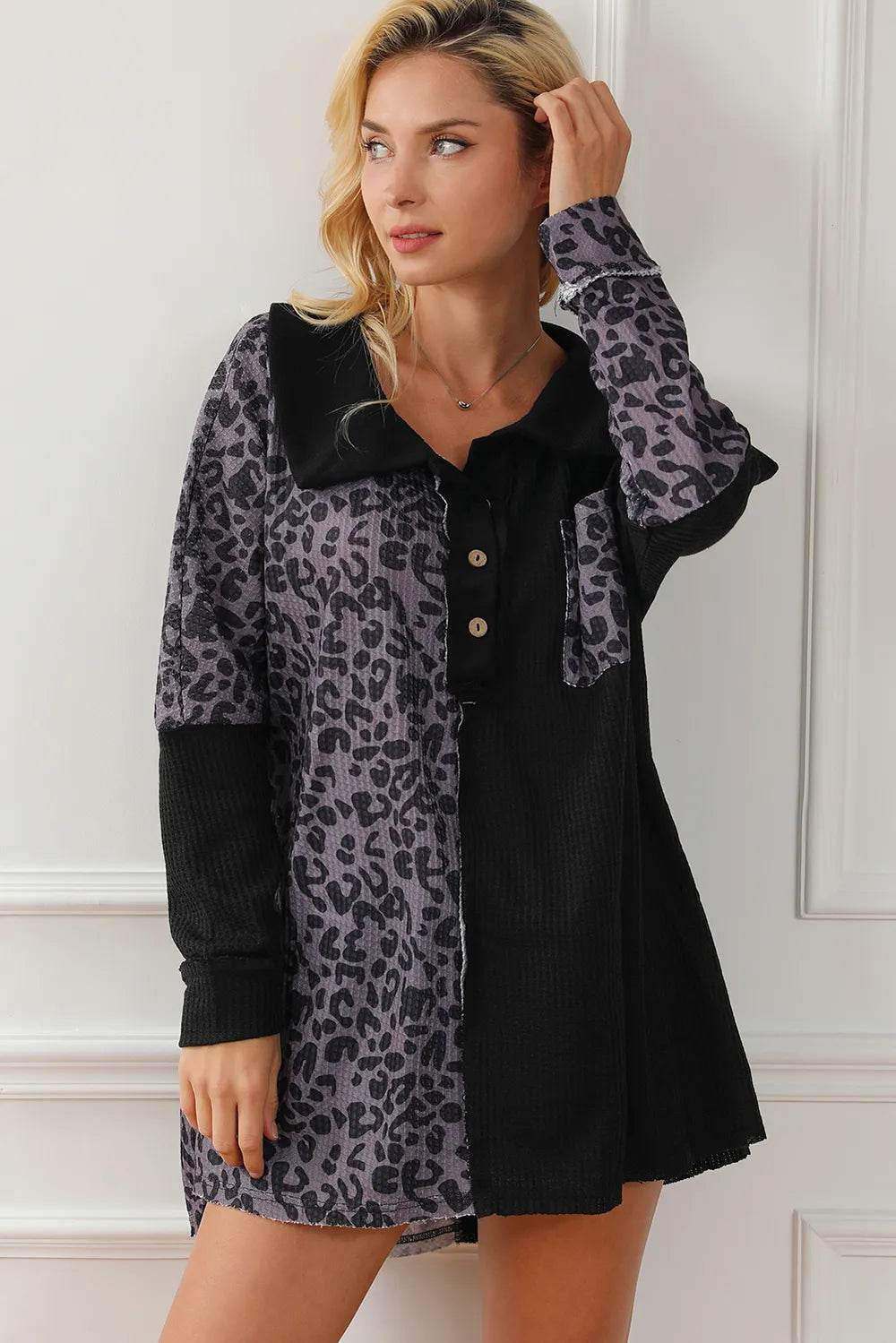 Elegant Half Button Leopard Print Blouse with Collared Neck, 100% Polyester, Machine Washable