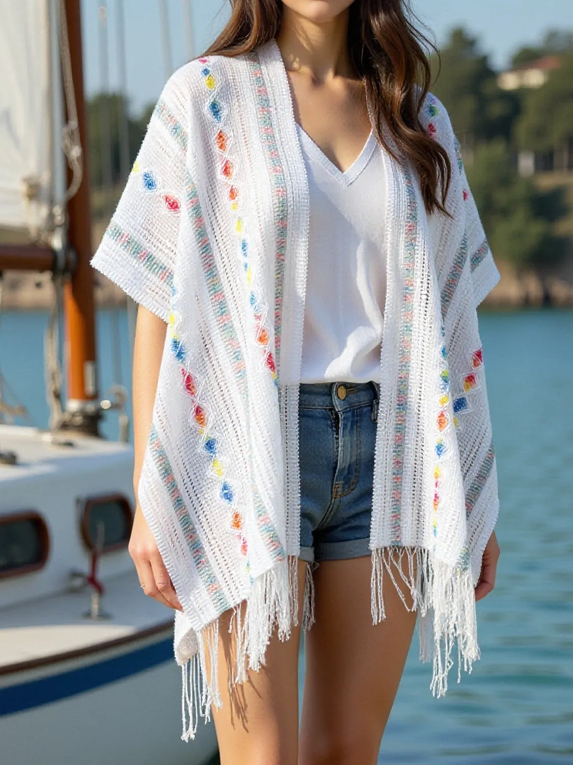 Openwork Fringe Open Front Knit Cape White One-size