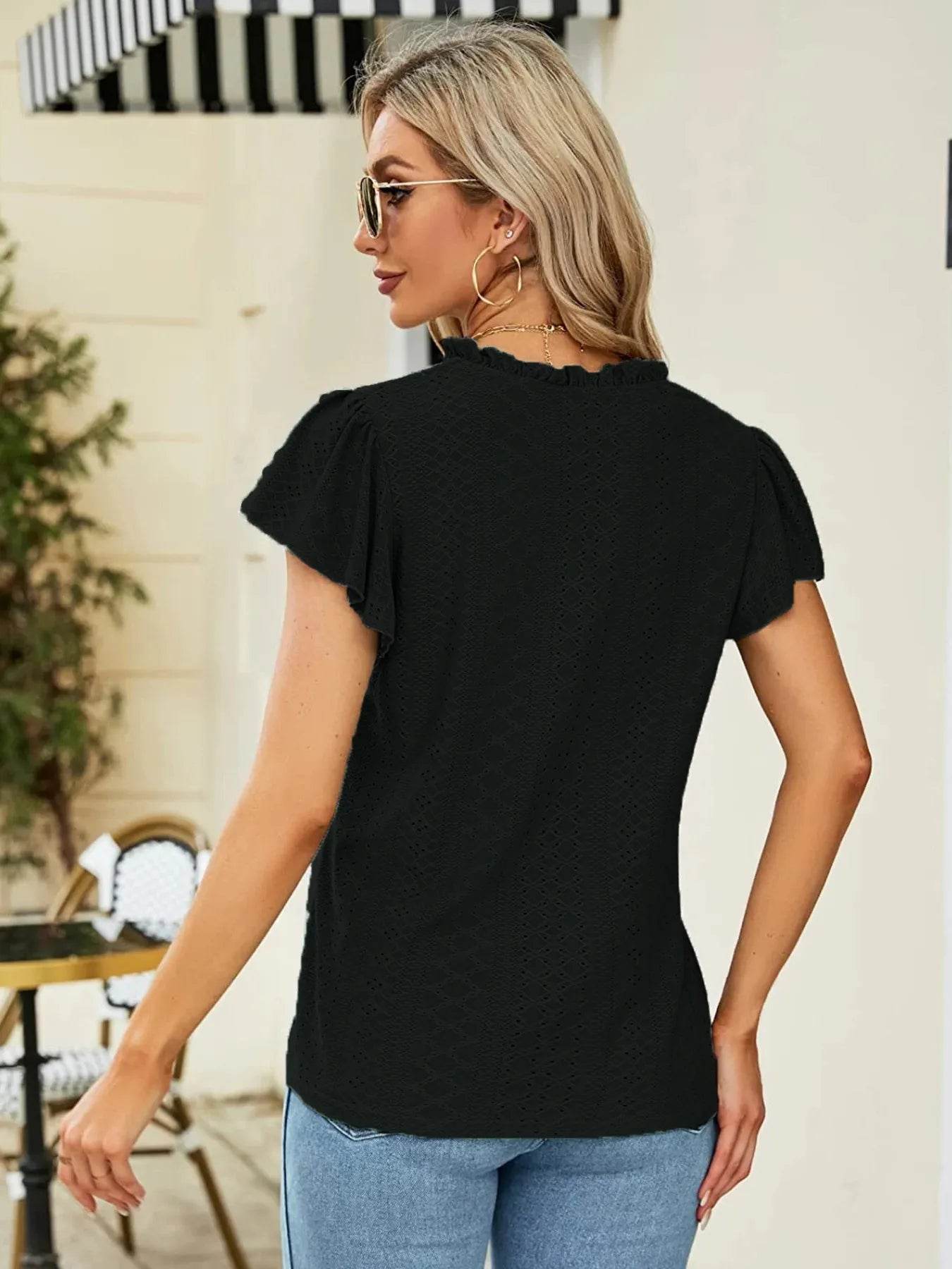 Trendsi Eyelet Notched Short Sleeve T-Shirt with Ruffled Frills - Slightly Stretchy Fabric - Store 42