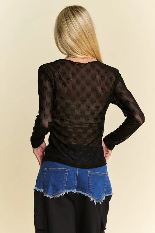 Davi & Dani Elegant Bow Mesh Round Neck Long Sleeve Top - Sheer, Stretchy & Versatile