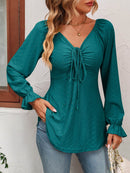 Mandy Tie Front V-Neck Blouse with Flounce Sleeves in Solid Casual Style - Store 42