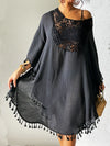 Tassel Cutout Scoop Neck Cover-Up Dress Black One Size
