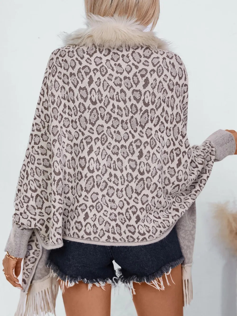 Trendsi Leopard Print Fringe Open Front Long Sleeve Poncho - Stylish & Cozy Acrylic Layering