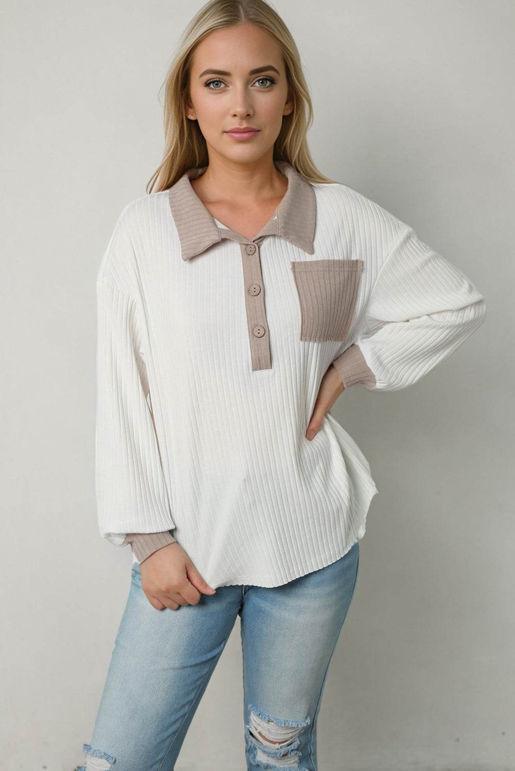 Trendsi Contrast Collared Neck Buttoned Top - Pocketed, Slightly Stretchy, Opaque Design