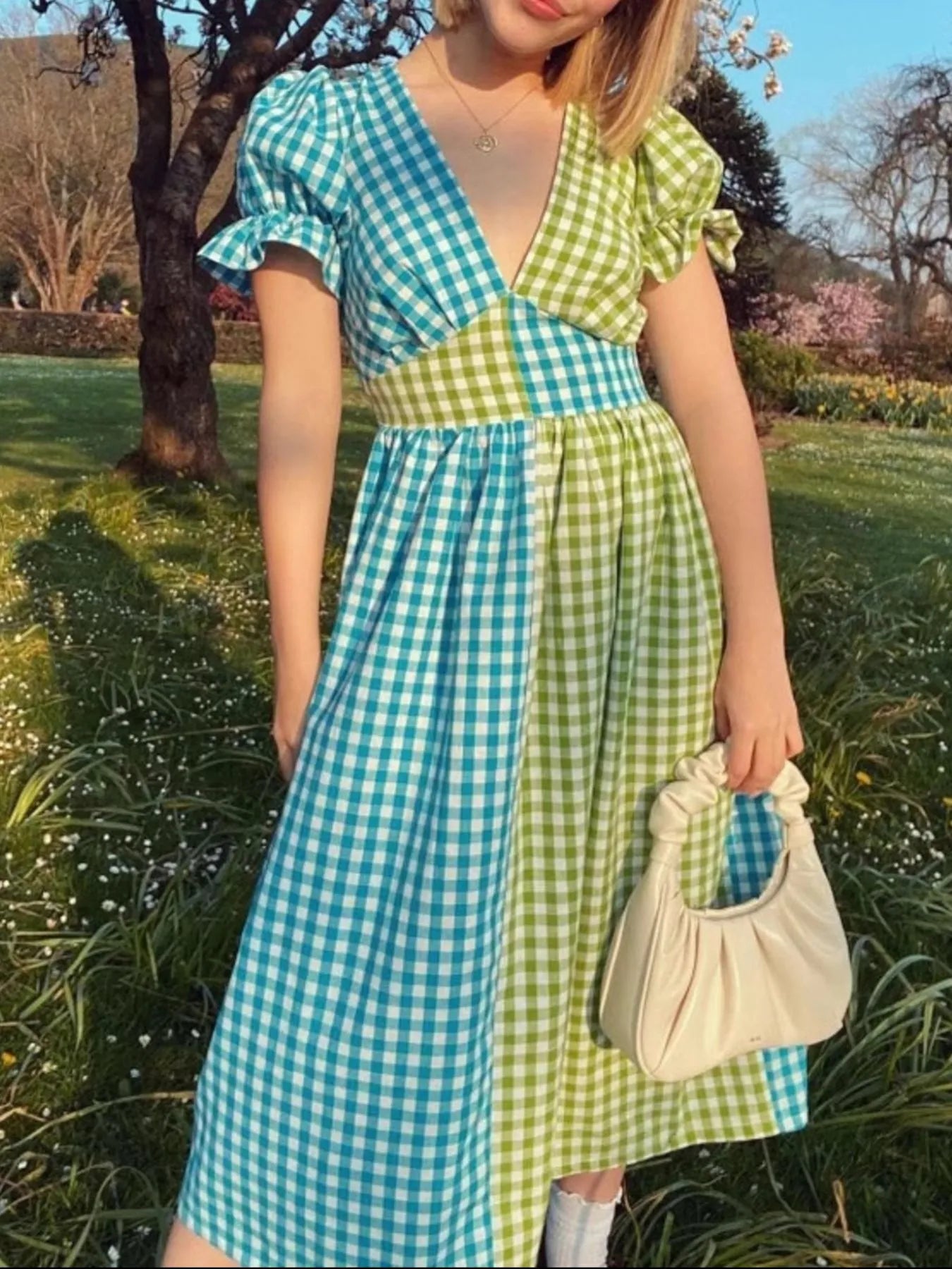 Plaid V-Neck Puff Sleeve Dress Lime