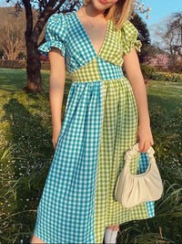 Plaid V-Neck Puff Sleeve Dress Lime