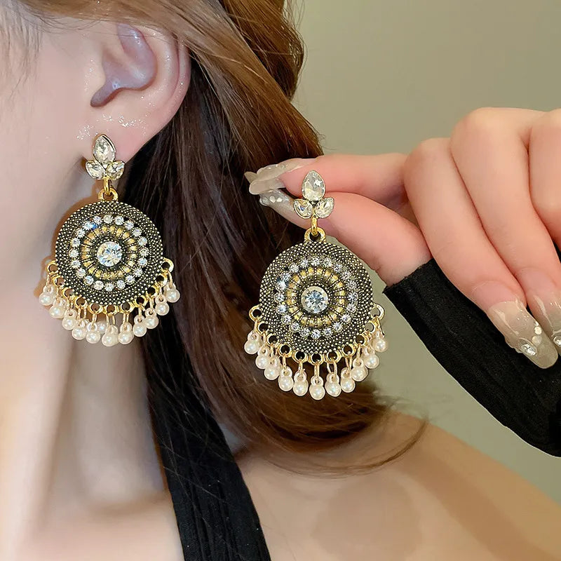 Stylish 2.3 In Rhinestone Alloy Bead Dangle Earrings - Lightweight and Elegant Fashion Accessory