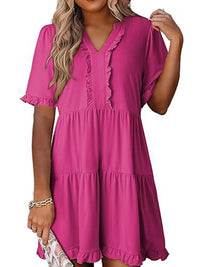 Tiered Notched Short Sleeve Mini Dress Hot Pink
