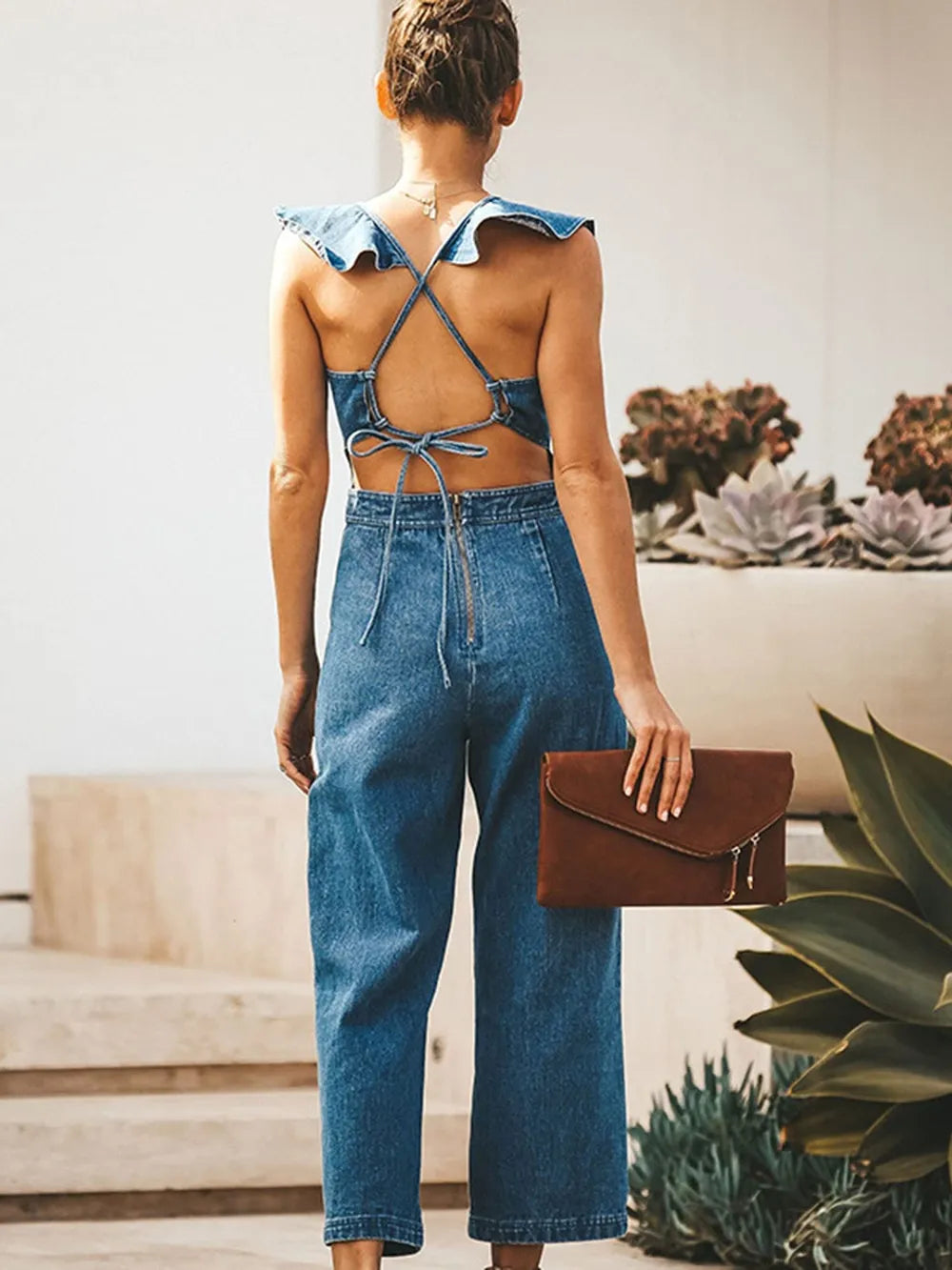 Ruffled Backless Sleeveless Denim Jumpsuit For Women - Chic & Stylish Casual Outfit