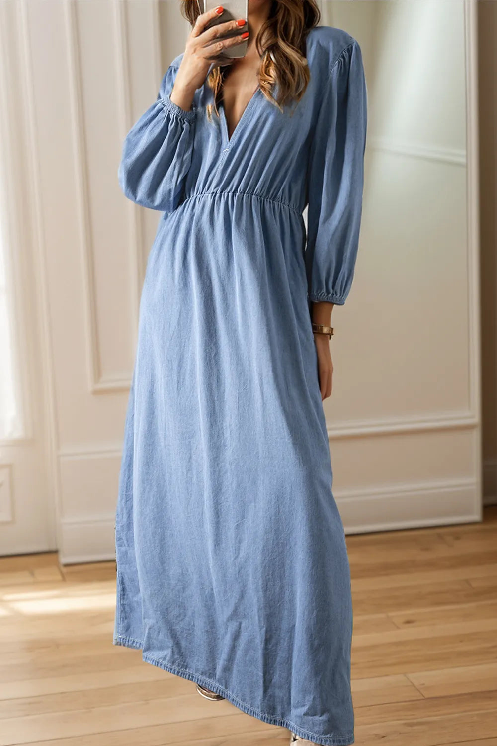 Stylish Tied Plunge Denim Dress with Three-Quarter Sleeves – 100% Cotton, Classic Fit