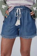 Raw Hem Drawstring High Waist Denim Shorts with Pockets Navy