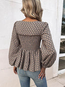 Chic Honey Printed Square Neck Long Sleeve Blouse with Smocked Puff Sleeves - Store 42