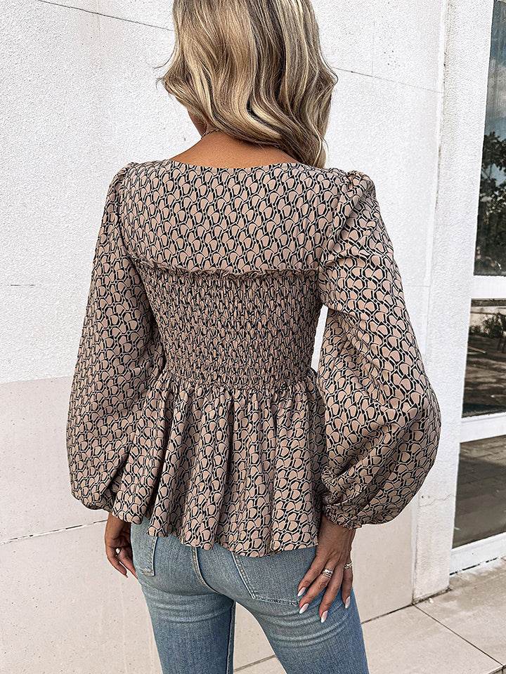 Chic Honey Printed Square Neck Long Sleeve Blouse with Smocked Puff Sleeves