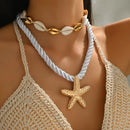 2-Piece Beaded Shell Starfish Rope Necklace Gold One Size