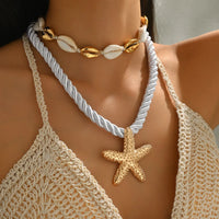 2-Piece Beaded Shell Starfish Rope Necklace Gold One Size