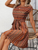 Printed Round Neck Cap Sleeve Dress