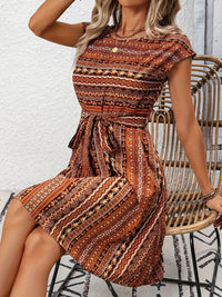 Printed Round Neck Cap Sleeve Dress