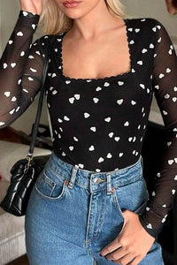 Heart Square Neck Long Sleeve Bodysuit - Store 42