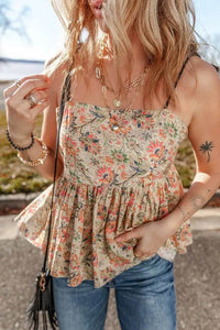 Floral Spaghetti Strap Peplum Cami Top - 100% Cotton, Opaque, Basic Style, Trendy Summer Wear - Store 42
