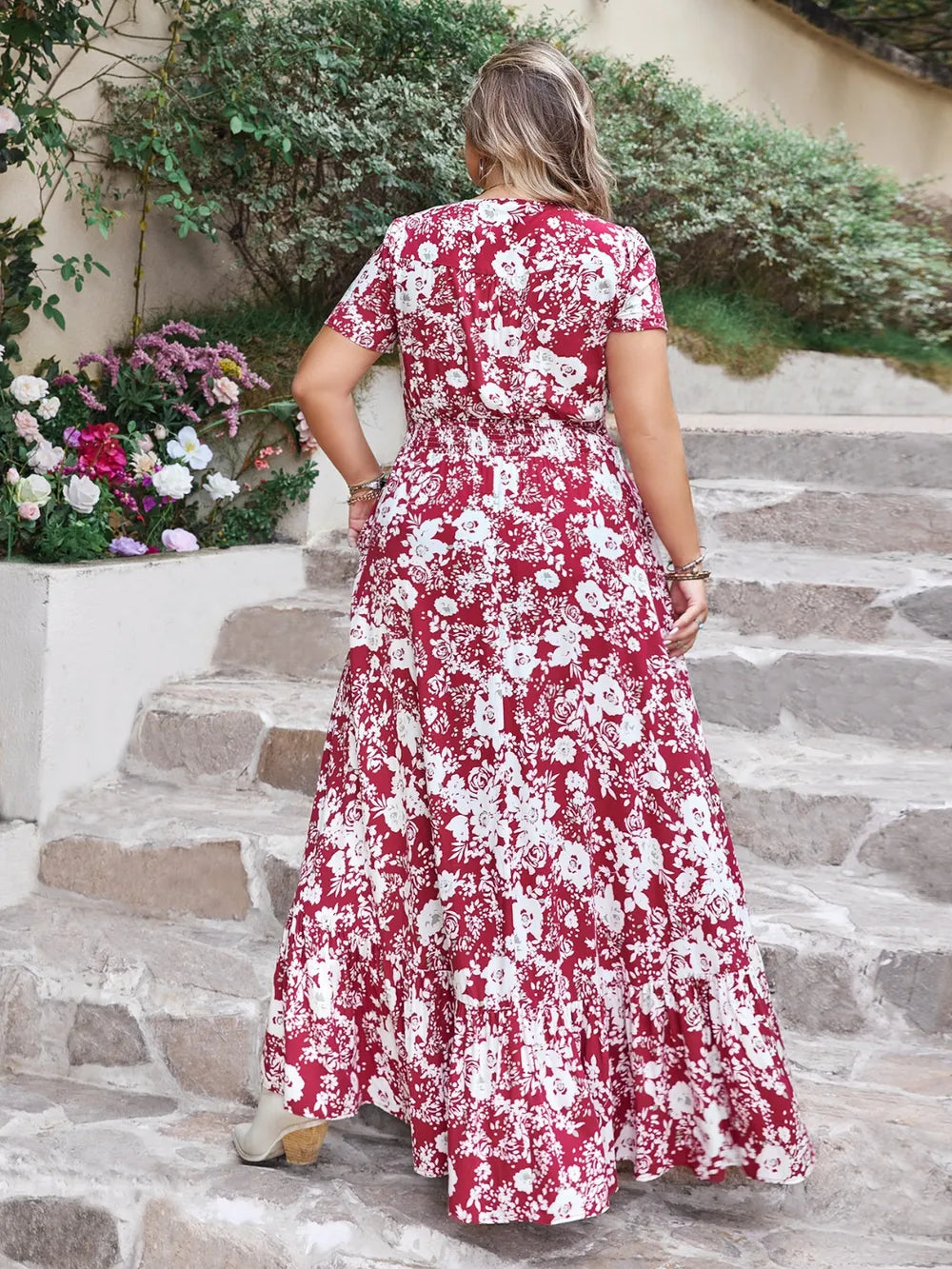 Plus Size V-Neck Maxi Dress with Slit - Elegant 100% Viscose for Effortless Style