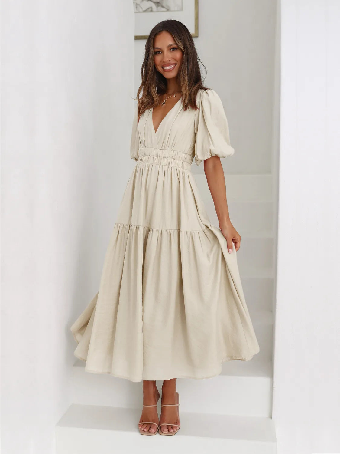 Tiered Surplice Midi Dress with Half Sleeves - Lined, 100% Polyester, Machine Washable