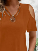 Sleek Cold Shoulder T-Shirt With Eye-Catching Metal Ring Detail - 95% Polyester, Slightly Stretchy - Store 42
