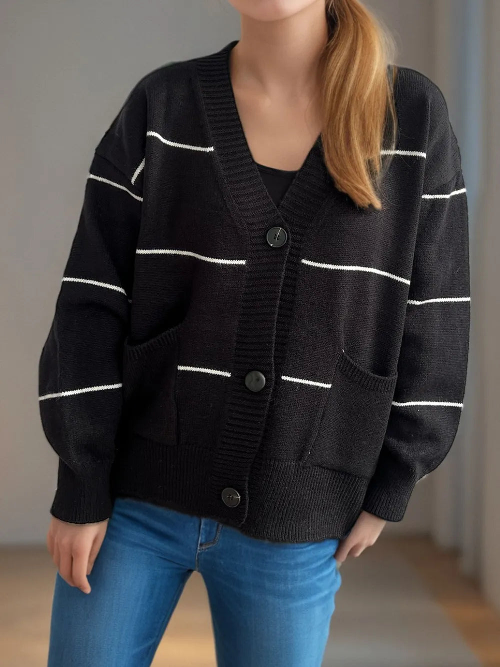 Trendy Striped Button-Down V-Neck Long Sleeve Cardigan with Pockets - Slightly Stretchy Fabric