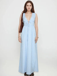 Plaid Tie Front Sleeveless Maxi Dress Light Blue