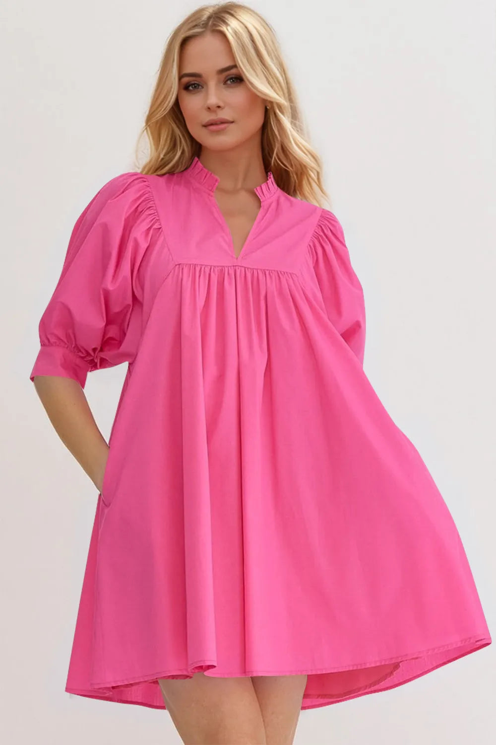 Oh Frill Notched Puff Sleeve Mini Dress With Pockets - 100% Cotton, Opaque, Casual Chic