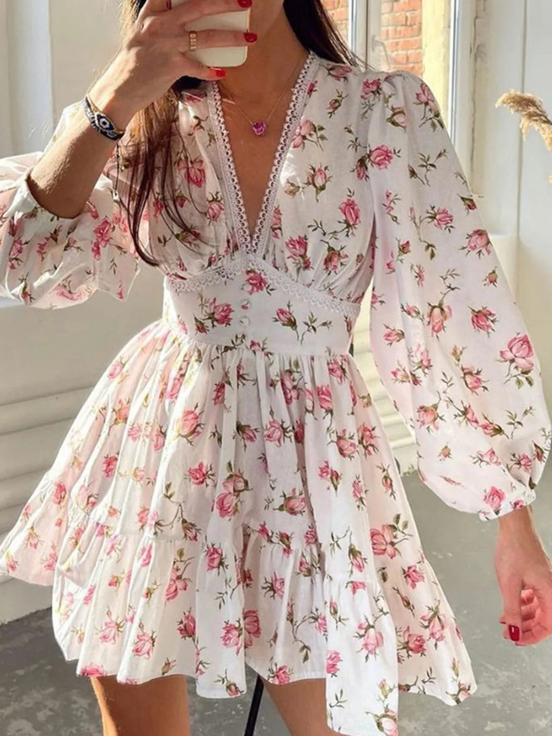 Elegant Lace Detail V-Neck Balloon Sleeve Dress with Decorative Buttons - Opaque Fabric