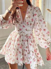 Lace Detail V-Neck Balloon Sleeve Dress Blush Pink