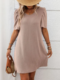 Textured Round Neck Short Sleeve Mini Dress Pale Blush