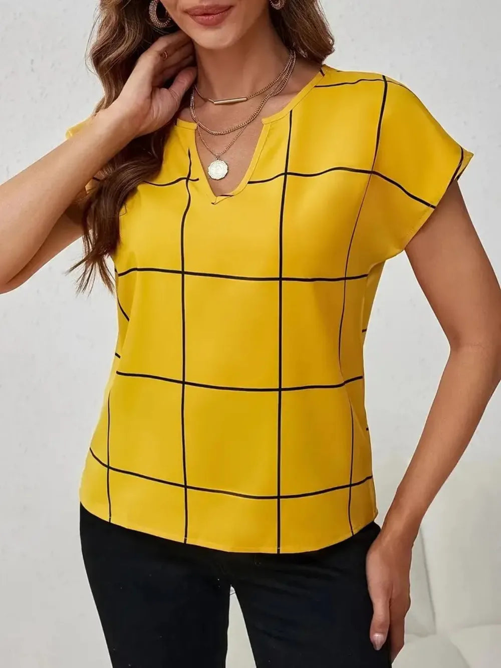 Plaid Contrast Notched Blouse in Opaque Fabric - Elegant & Effortless Style by Trendsi