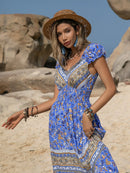 Printed V-Neck Cap Sleeve Midi Dress