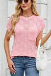 Checkered Round Neck Short Sleeve Knit Top Blush Pink