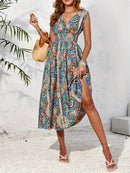Smocked Printed Surplice Sleeveless Midi Dress