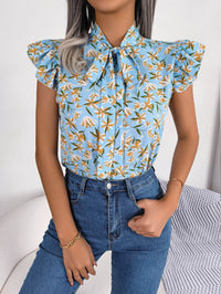 Floral Printed Tie Neck Blouse with Flutter Cap Sleeves - Casual Opaque Top - Store 42