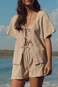 Plaid Tied Scoop Neck Short Sleeve Top and Drawstring Shorts Set Beige