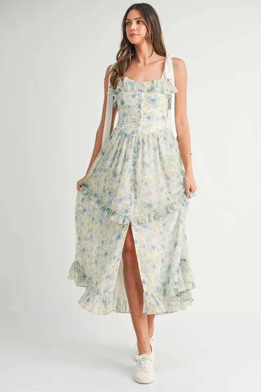 MABLE Floral Printed Midi Dress with Shoulder Straps, Ruffled Design & High Waist