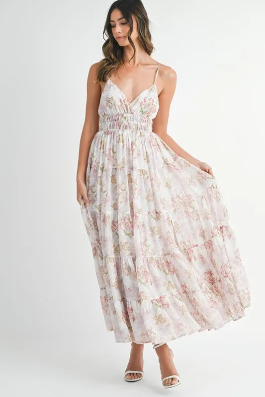 MABLE Floral Tiered Cami Maxi Dress with Slit and Crisscross Tied Detail - Summer Chic