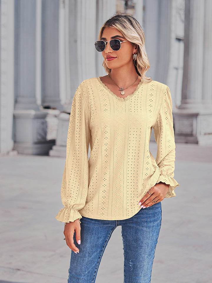 Elegant Eyelet V-Neck Blouse with Flounce Sleeves - Slightly Stretchy Cotton Blend