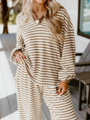 Sleek Stripe Collared Two-Piece Top and Drawstring Pant Set for Effortless Style - Store 42