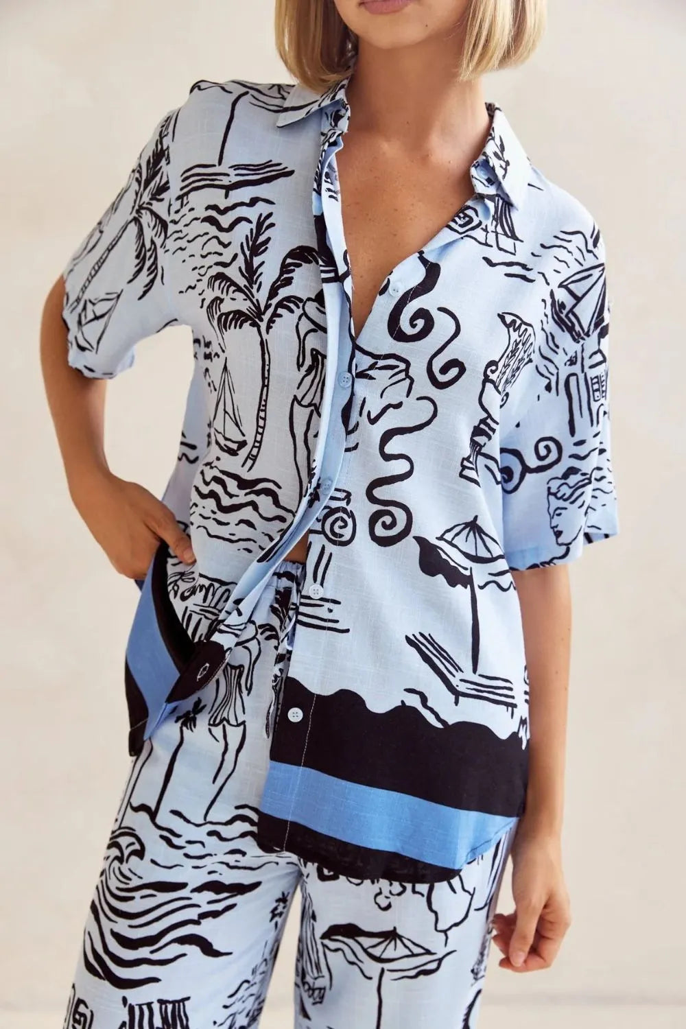 Plus Size Printed Button-Up Shirt and Pants Set with Pocket Detail - Trendy Two-Piece Outfit