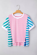 Trendy Color Block Striped Batwing Sleeve T-Shirt in Soft Cotton Blend - Slightly Stretchy Fit - Store 42