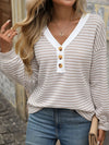 Striped V-Neck Button Front Casual Top Apricot