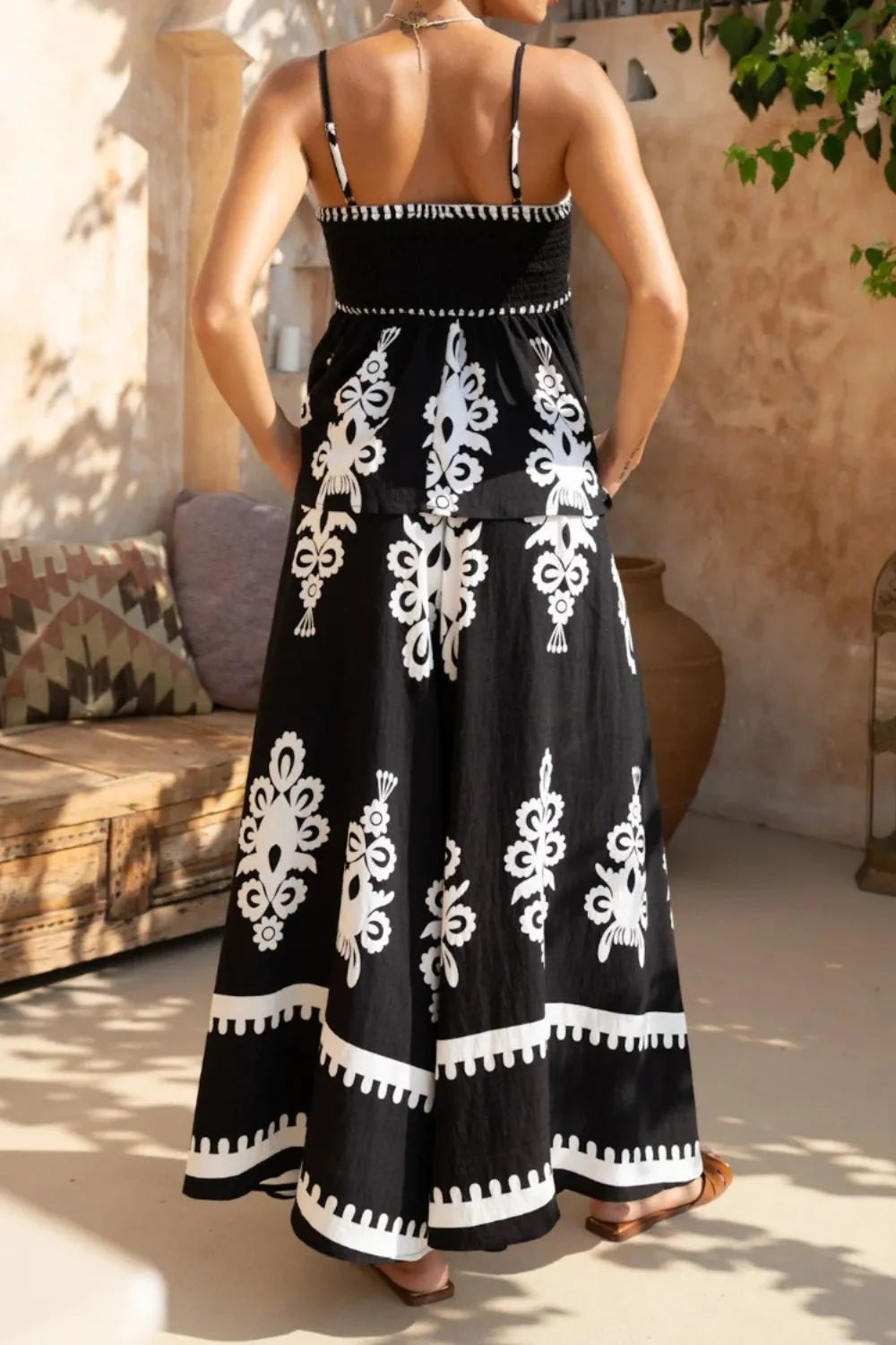 Printed Square Neck Cami and Wide Leg Pants Set